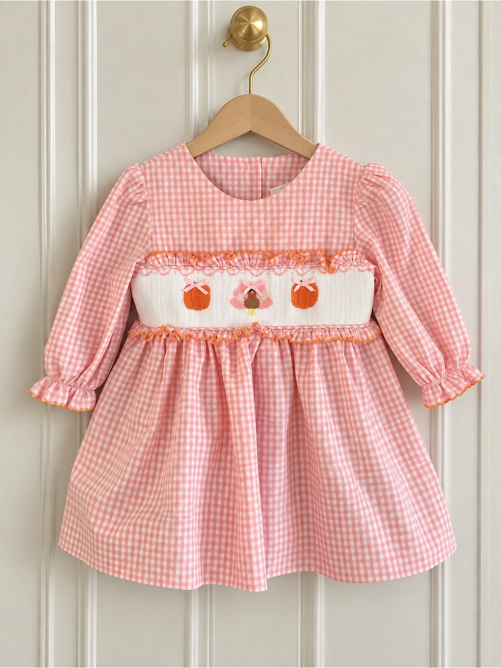 Stitchy Fish 12M Pink Gingham Smocked Turkey Thanksgiving Dress